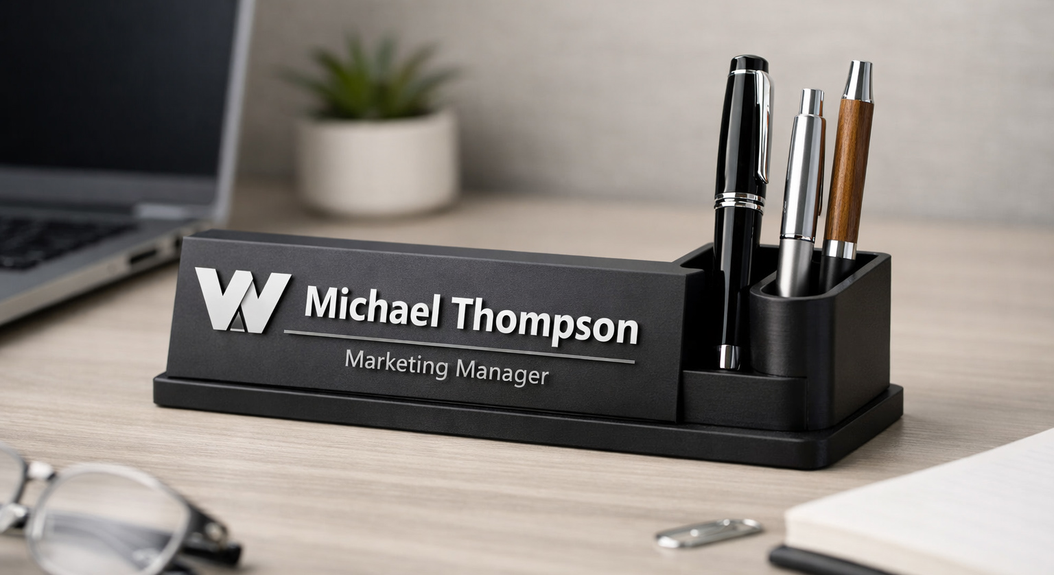 Customised 3D Printed Desk Name Plates with Pen Stand: Where Identity Meets Utility